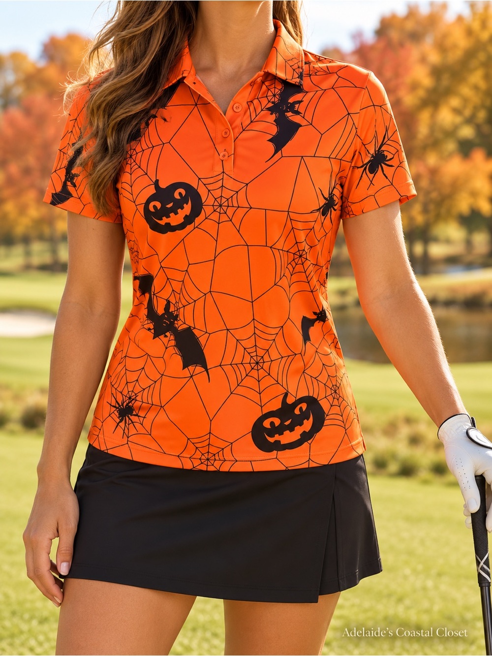 Halloween Golf Polo Shirt Women’s M Orange Pumpkin Bat Spider Print Yfduk brand